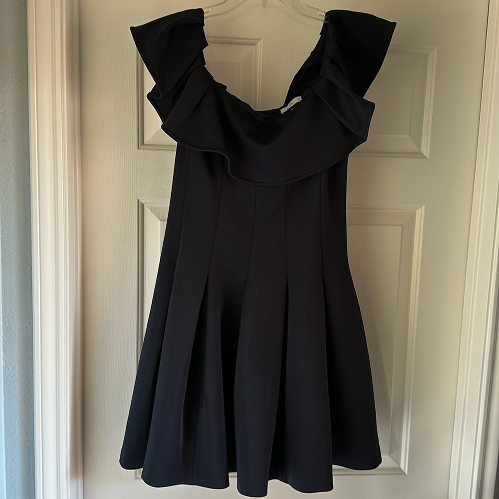 H by Halston Boatneck Flutter Sleeve Ruffle Pleated Navy Dress Women’s Size 10